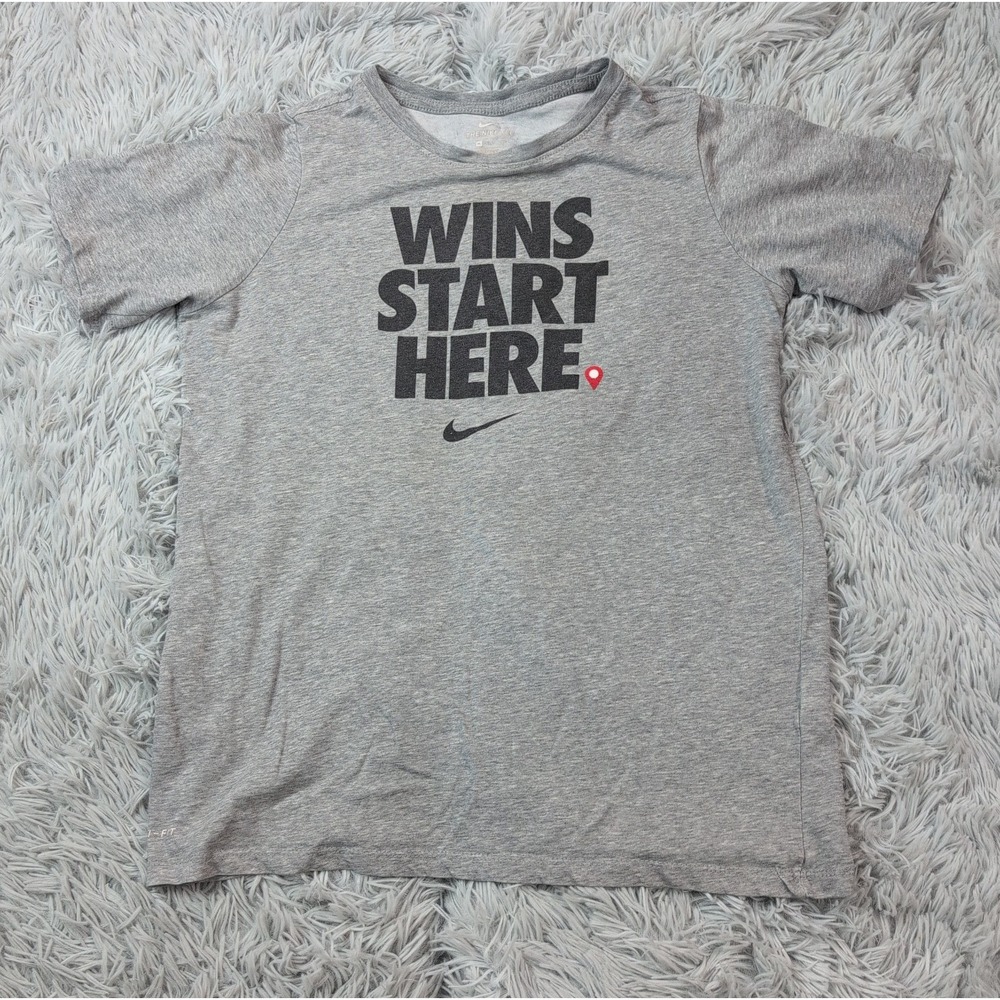 Nike Shirt Boys XL Gray Tee Short Sleeve Graphic Soft Wins Start Here Dri Fit